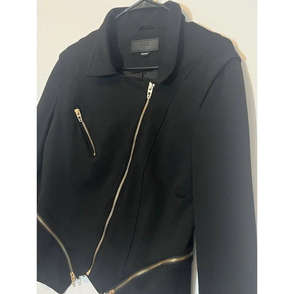 BLANKNYC Women Jacket Denim Psychopath Ponte Moto Size Medium Black Gold Stretch - Picture 8 of 12